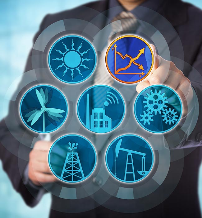 A business man selects options in a digital display